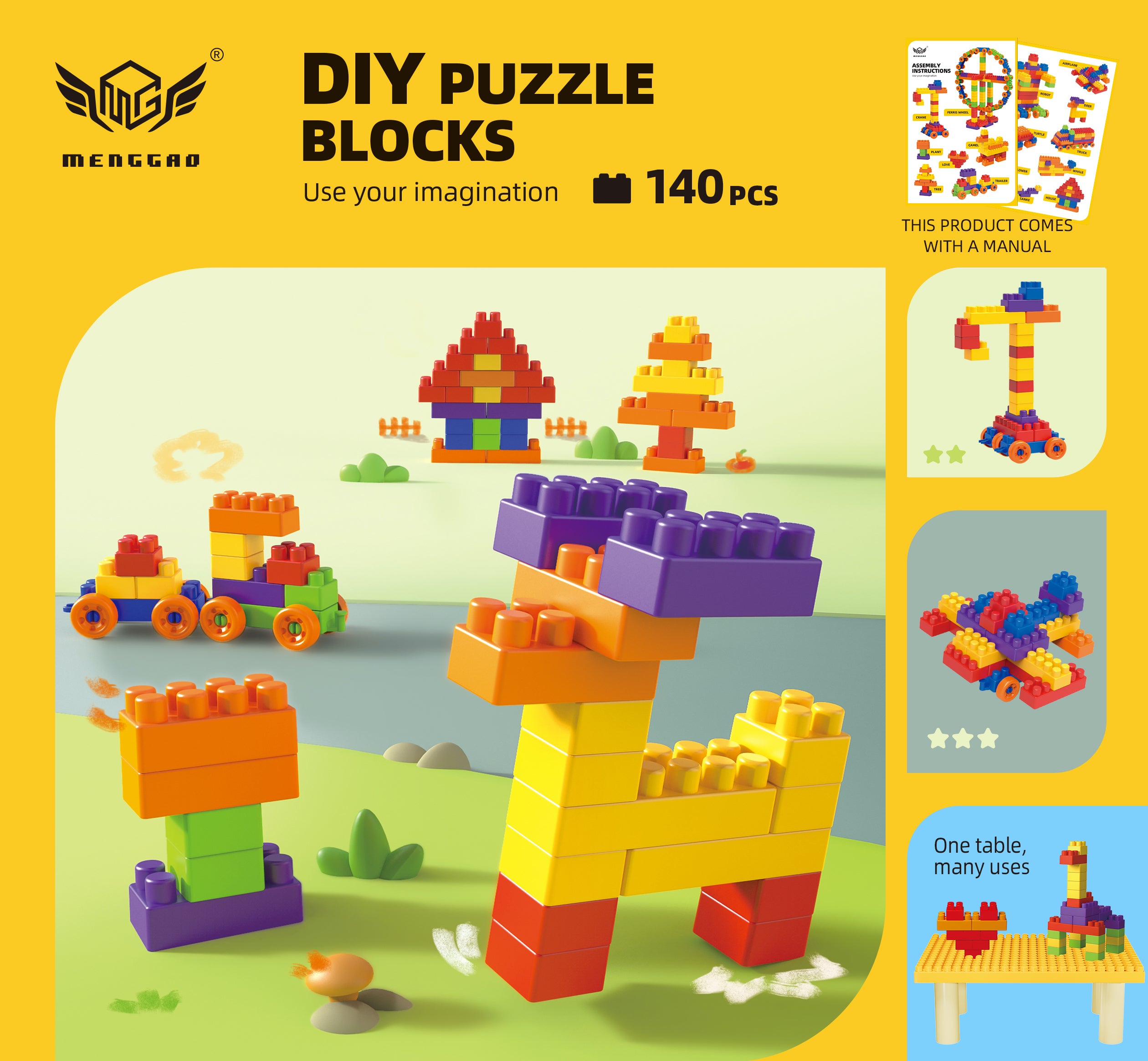 iZEL Kids 140-Piece DIY Puzzle Building Blocks Set for Ages 3+