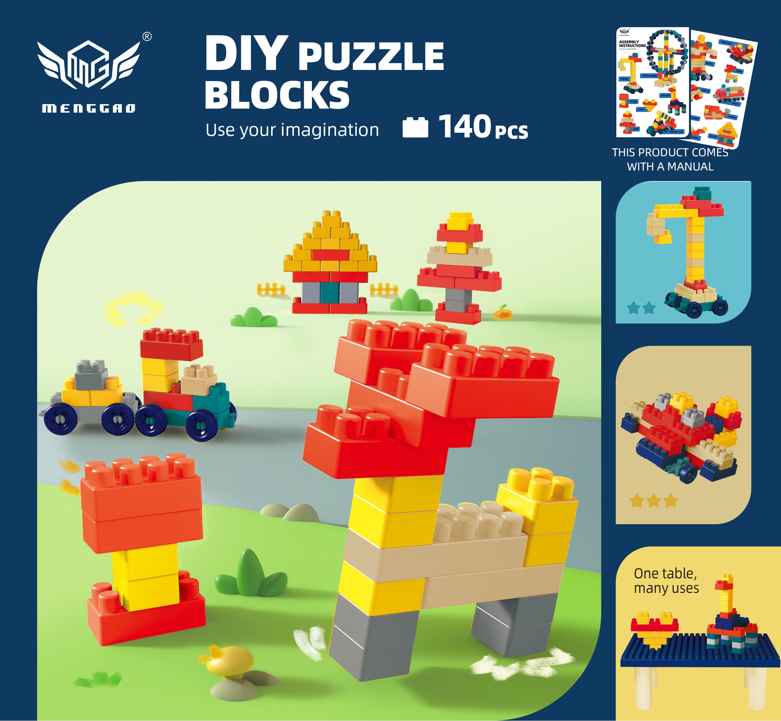 iZEL Kids 140-Piece DIY Puzzle Building Blocks Set for Ages 3+
