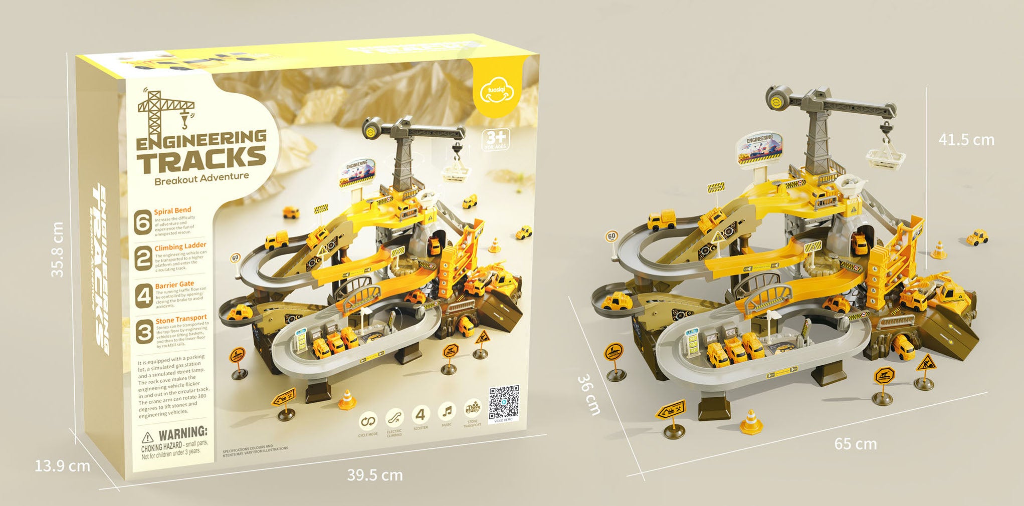 iZEL Kids Engineering Tracks Breakout Adventure Playset for Kids - Interactive Engineering Track with 4 Construction Vehicles, Music, and Electric Climbing Feature