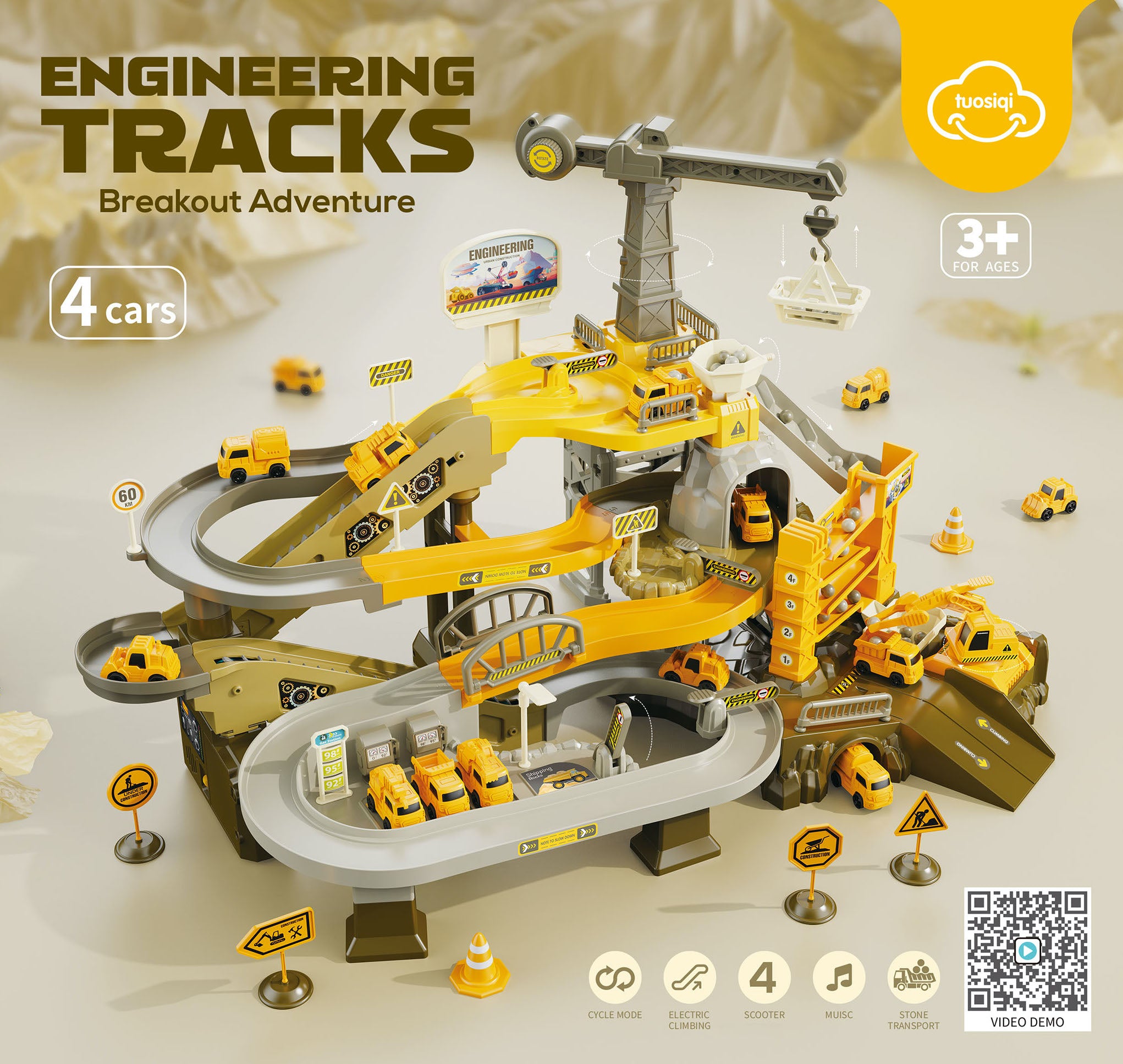 iZEL Kids Engineering Tracks Breakout Adventure Playset for Kids - Interactive Engineering Track with 4 Construction Vehicles, Music, and Electric Climbing Feature