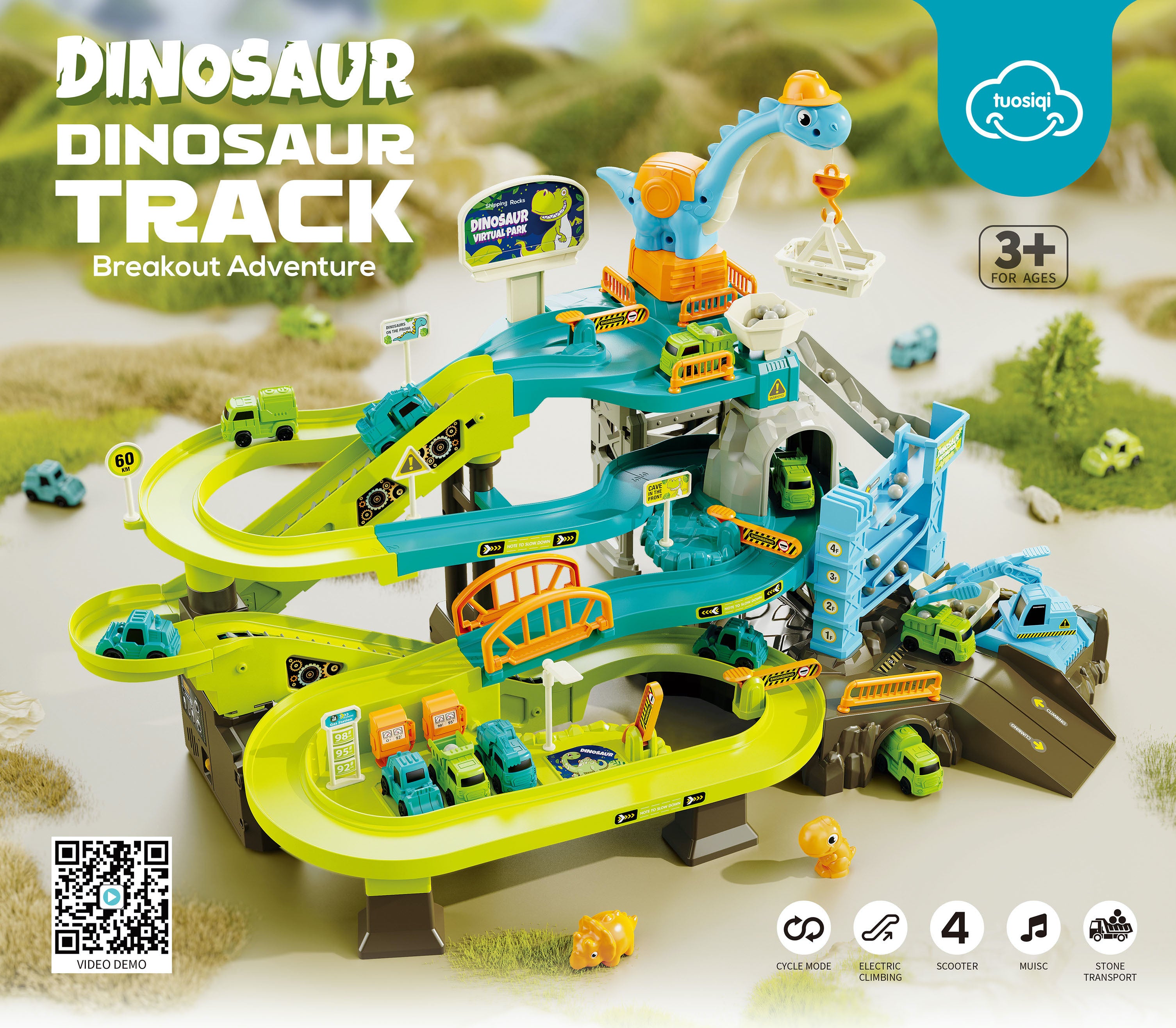 iZEL Kids Dinosaur Track Breakout Adventure Playset for Kids - Interactive Race Track with 4 Sliding Cars, Music, and Electric Climbing Feature