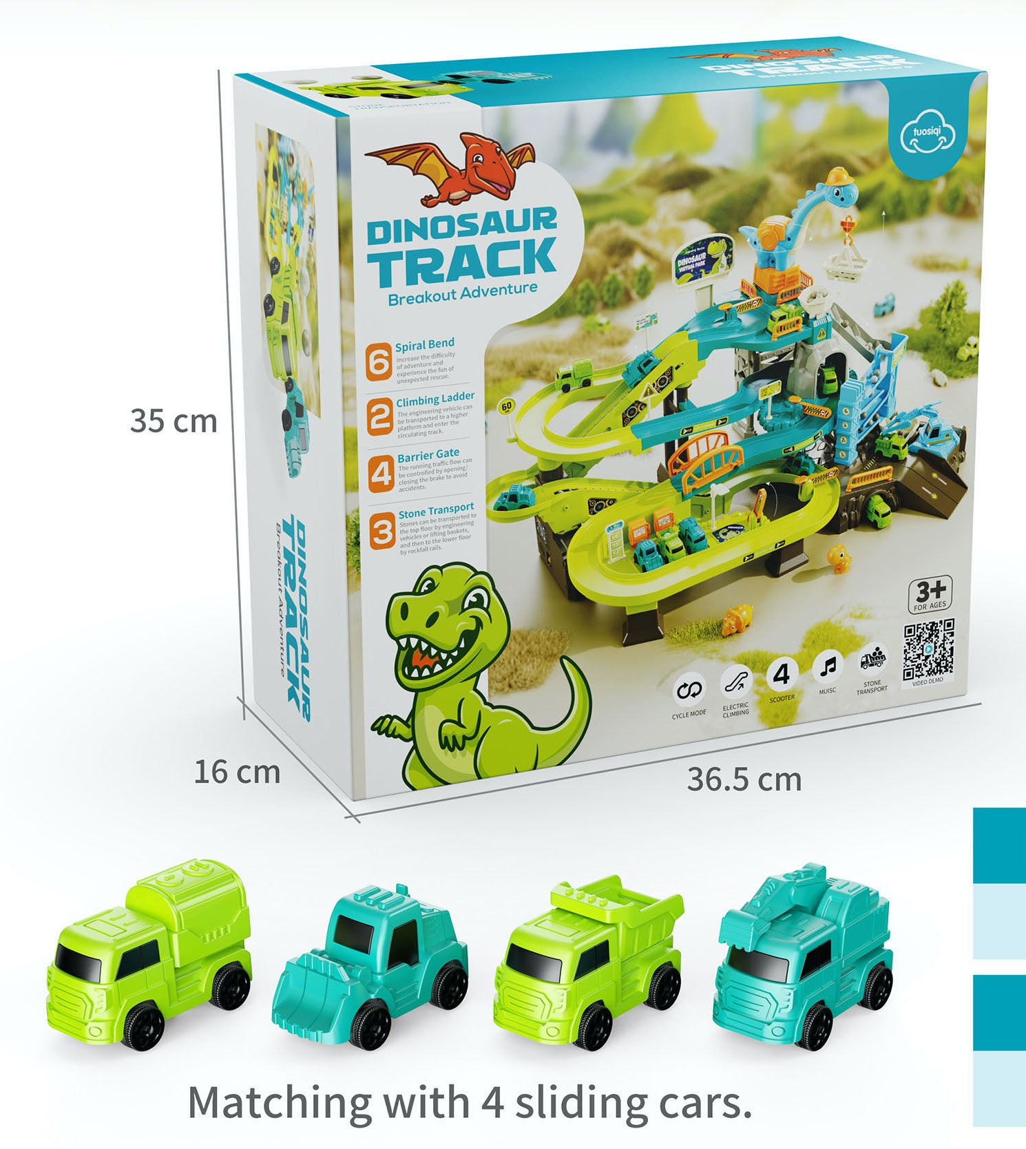 iZEL Kids Dinosaur Track Breakout Adventure Playset for Kids - Interactive Race Track with 4 Sliding Cars, Music, and Electric Climbing Feature
